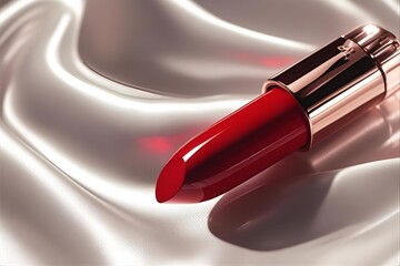 Minimalist composition featuring a classic red lipstick placed on a clean white cloth. 