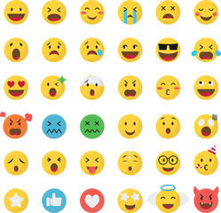 Flat Style Emoji Icon Set with Various Facial Expressions and Reactions for Social Media, Chat UI, and Sticker Design