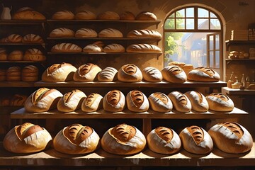 Fresh Bread Stacked on Wooden Shelves  |  illustration

