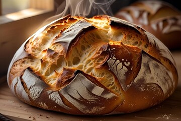 Close-up of freshly baked bread with steam gently rising, capturing the warmth and texture of just-out-of-the-oven loaves. 