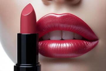 Close-up of bright red lipstick against smooth, full lips. Black background highlights the color and texture. Beauty, cosmetics and skin care concept.