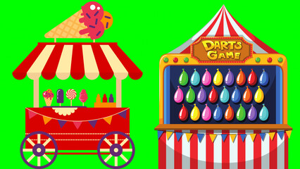 Obraz premium Circus carnival wagon Amusement park & Darts Game with Balloons on the wall illustration on green background 