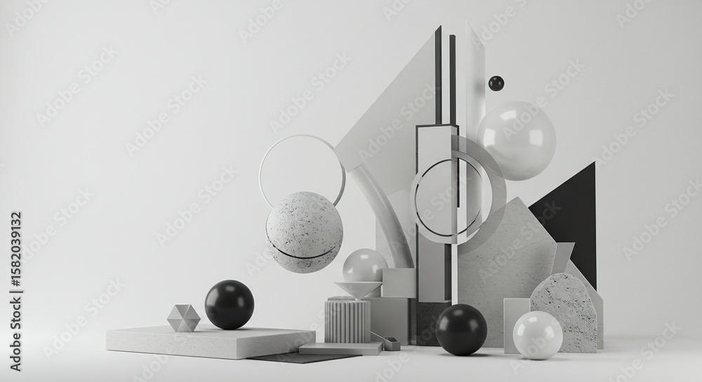 Fototapete geometric composition showing abstract shapes like spheres, circles, triangles, and blocks in neutra
