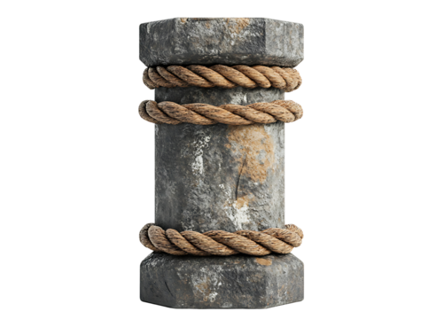 Antique stone bollard with rope detail isolated on transparent background