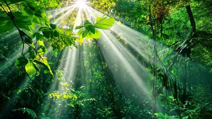 Sunlight rays filter through lush rainforest canopy creating a serene atmosphere, Sun light rays through forest canopy Rainforest climate and green vegetation - Powered by Adobe