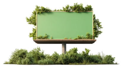 Green blank billboard sign surrounded by lush trees and bushes in outdoor natural environment