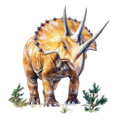 Fototapeta premium Realistic detailed illustration of a majestic three-horned dinosaur standing among small trees and plants on a white background