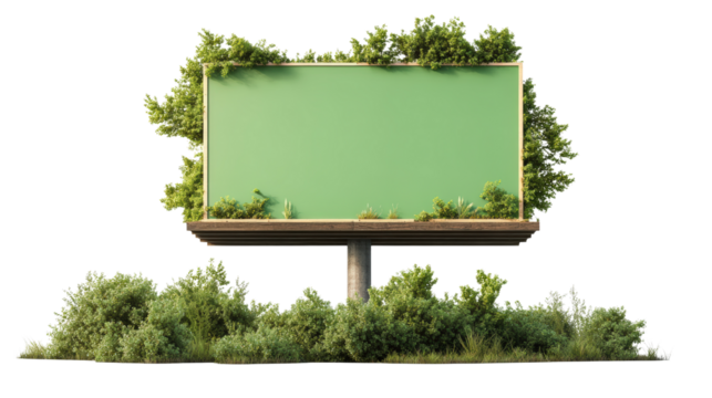 Green blank billboard sign surrounded by lush trees and bushes in outdoor natural environment