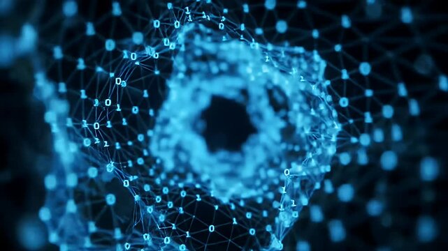 Abstract Glowing Blue Digital Data Network with Binary Code on Dark Background