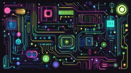 Fototapeta premium A futuristic, tech-inspired abstract design with glowing circuit board patterns in neon green, blue, and purple, giving off a cyberpunk feel