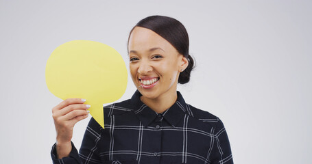 Portrait, woman and icon with speech bubble in studio for announcement, news and signage. Mockup space, person and sign for advertising brand, show information and billboard forum in white background