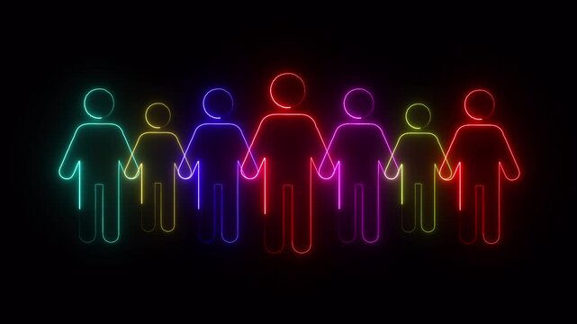 Neon Silhouettes of Diverse People Holding Hands in a Colorful Gradient, Representing Unity, Friendship, and Inclusion Against a Dark Background