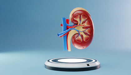 3D Render of Human Kidney with Arteries and Veins on Modern Medical Technology Platform
