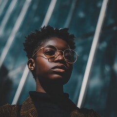Close up portrait of a young Black woman wearing glasses against a modern building background.