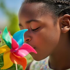 Close Up of a Young Girl Gently Smelling a Colorful Pinwheel.