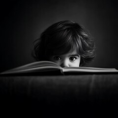 Child's Curious Gaze A Black and White Portrait of a Young Reader.