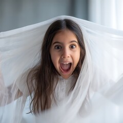 Playful Girl Hiding Under White Fabric, Close Up Portrait. A cheerful child's face peeks out from a sheer white cloth, expressing excitement and joy.
