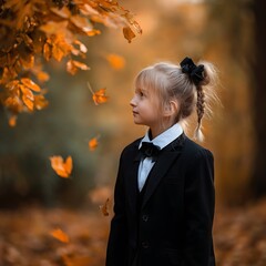 A girl in a suit watches autumn leaves fall in a park.