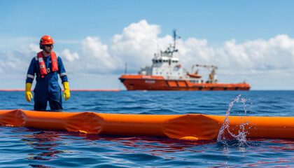 Marine Oil Spill Response Team Deploying Floating Barrier Boom for Ocean Containment with Rescue Ship in Background
