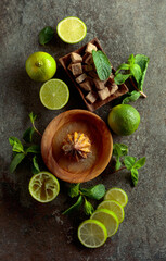 Wooden citrus squeezer and ingredients for making summer refreshing drinks.