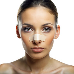 Close-up of a female patient with an adhesive bandage on her nose isolated on transparent background