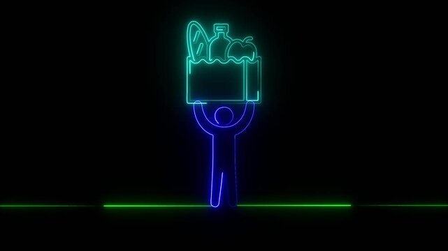 Neon-Style Silhouette of a Person Holding a Box of Groceries Overhead, Glowing  Set Against a Dark Background, Representing Strength and Everyday Life.