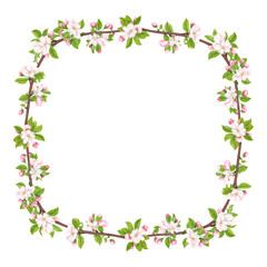 Fototapeta premium Square frame of apple blossom branches with white flowers, green leaves, and pink buds isolated on transparent background. Nature-themed clipart.