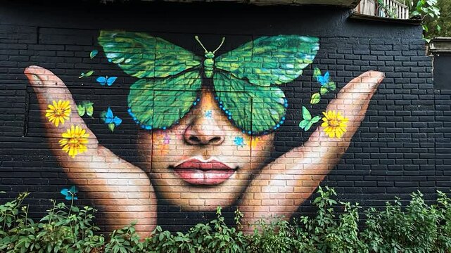 Vibrant street art depicting a woman's face gently cradling a large green butterfly, with smaller butterflies and sunflowers adorning her hands and face. The artwork is painted on a dark brick wall