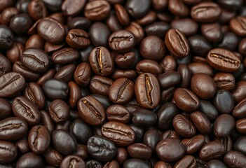 Fototapeta premium Dark roasted coffee beans, close-up view, rich texture, brown, roast