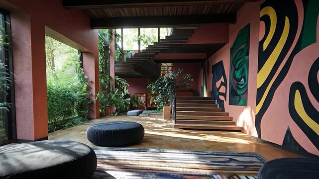 Sunlit interior hallway with terracotta walls, black floor cushions, and vibrant abstract art. Lush green foliage is visible through large windows