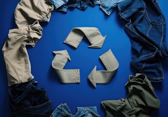 Folded clothing arranged in a circle around a recycling symbol on a blue background