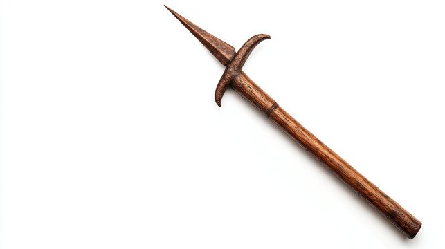 A harpoon with wooden finish, ample space for text on the right side, set against a white background