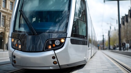 Un tramway, transport en commun s'arrête à un arrêt dans une ville à mobilité douce et écologique