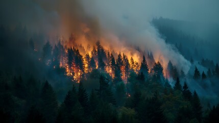 Un feu de forêt, des arbres brûlent sous les flammes, épaisse fumée