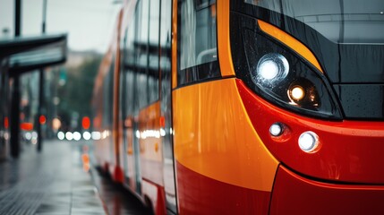 Un tramway, transport en commun s'arrête à un arrêt dans une ville à mobilité douce et écologique
