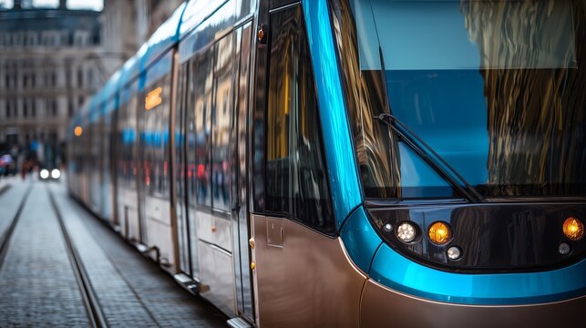 Un tramway, transport en commun s'arr&ecirc;te &agrave; un arr&ecirc;t dans une ville &agrave; mobilit&eacute; douce et &eacute;cologique