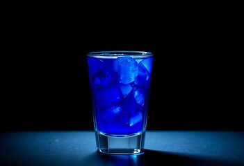 Deep blue alcoholic beverage in a glass, set against a stark black backdrop, dark, bottle