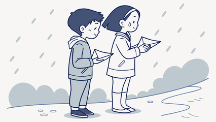 Two Friends Holding Origami Boats in Rain – Silent Support Silhouette