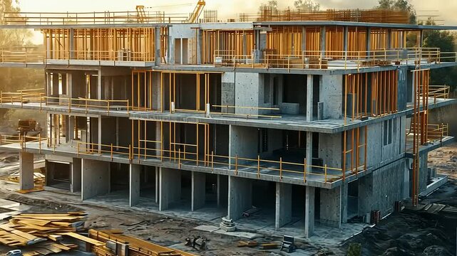 Modern construction site featuring a multi-story building under development with machinery and materials