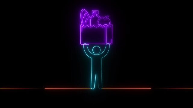 Neon-Style Silhouette of a Person Holding a Box of Groceries Overhead, Glowing  Set Against a Dark Background, Representing Strength and Everyday Life