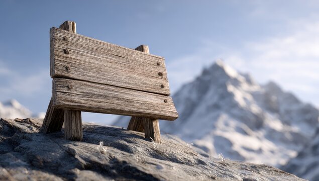 Rustic wooden signboard, blank, stands atop a rocky outcrop against a backdrop of snow-capped mountains under a clear sky