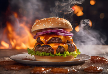 Hamburger on fire black background.