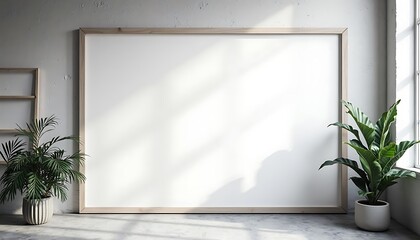 Blank Poster Frame with Plants in Modern Interior