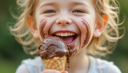 Close-up of a Young Girl with Chocolate Ice Cream on Her Face