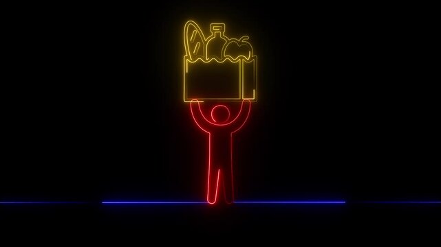 Neon-Style Silhouette of a Person Holding a Box of Groceries Overhead, Glowing  Set Against a Dark Background, Representing Strength and Everyday Life.