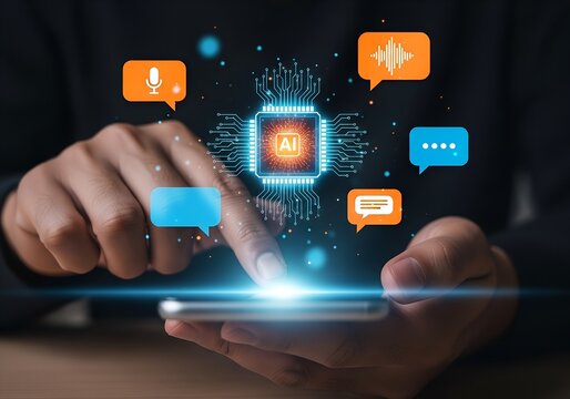 Artificial intelligence ai concept depicted with circuit board chat bubbles and smartphone interface interaction - Powered by Adobe