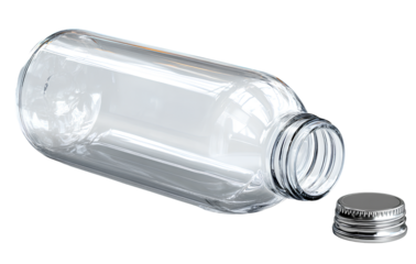 Empty Plastic Bottle with Cap Off Lying on Its Side, Tilted Top-Down Angle, Isolated on Transparent Background