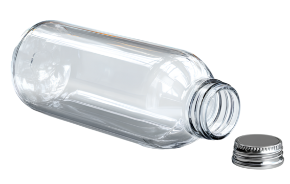Empty Plastic Bottle with Cap Off Lying on Its Side, Tilted Top-Down Angle, Isolated on Transparent Background