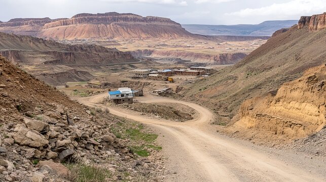 A winding dirt road descends into a remote, arid valley nestled between towering, red rock formations.  Small, simple dwellings dot the landscape
