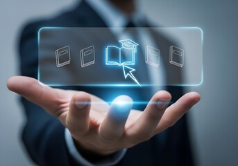 Businessman holding a glowing digital interface with books and a graduation cap symbolizing education